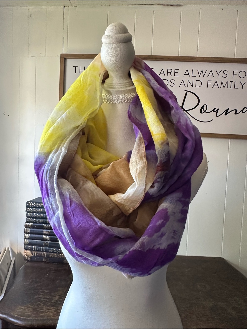 Vibrant Tie-Dye Infinity Scarf in Purple, Yellow & Tan